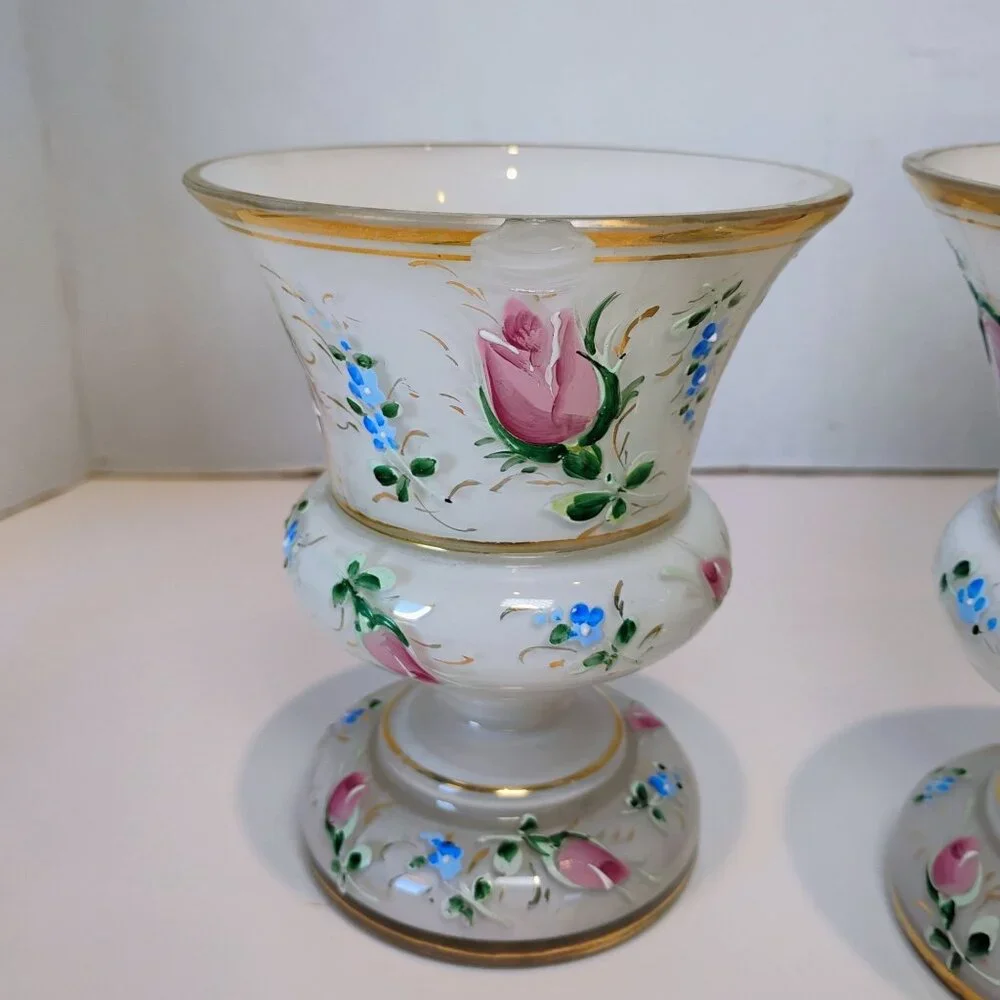 Bohemian Czech Cased Glass Vases Pair White Painted Pink Roses -CHIP READ